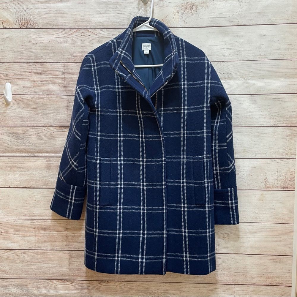 J CREW WOOL‎ CITY COAT IN NAVY BLUE AND WHITE WINDOWPANE